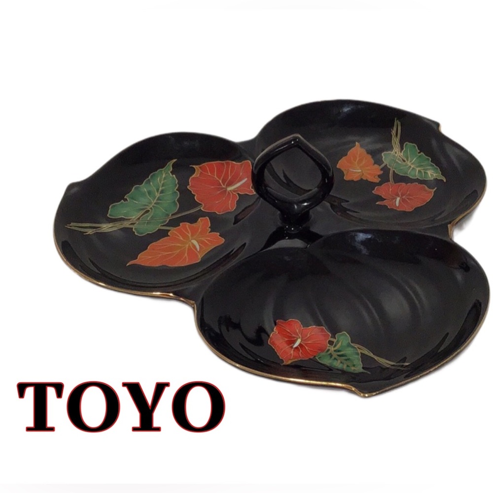 Vintage TOYO Divided‎ Candy Dish, Hi-Gloss Ceramic, Anthurium Plant Decoration